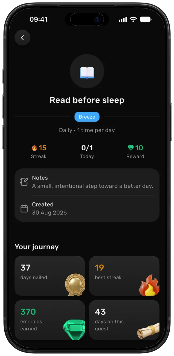 A quest’s page: Breeze difficulty, a 15-day streak and 10 emeralds per completion