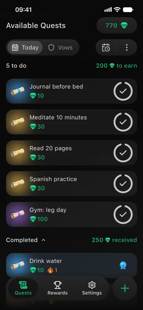 Today's quests: journaling, meditation, reading and a gym day, each worth emeralds
