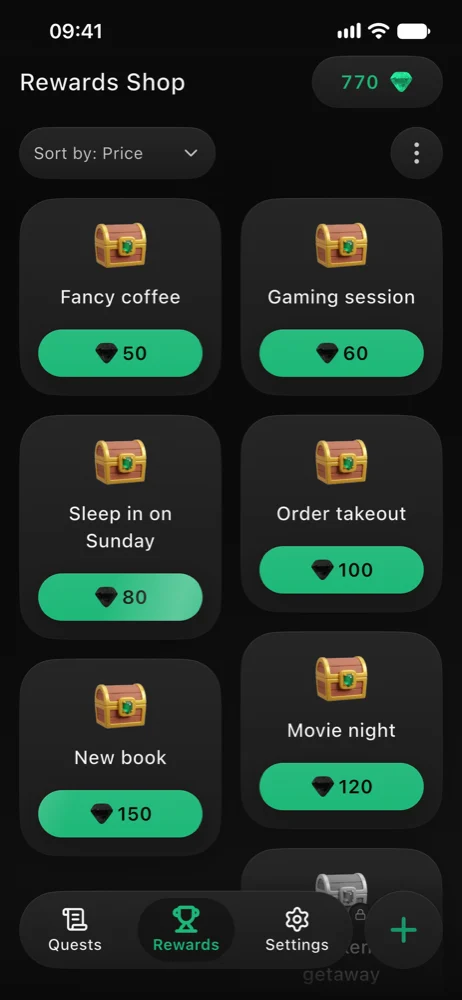 Rewards shop: fancy coffee for 50 emeralds, movie night for 120, a new book for 150