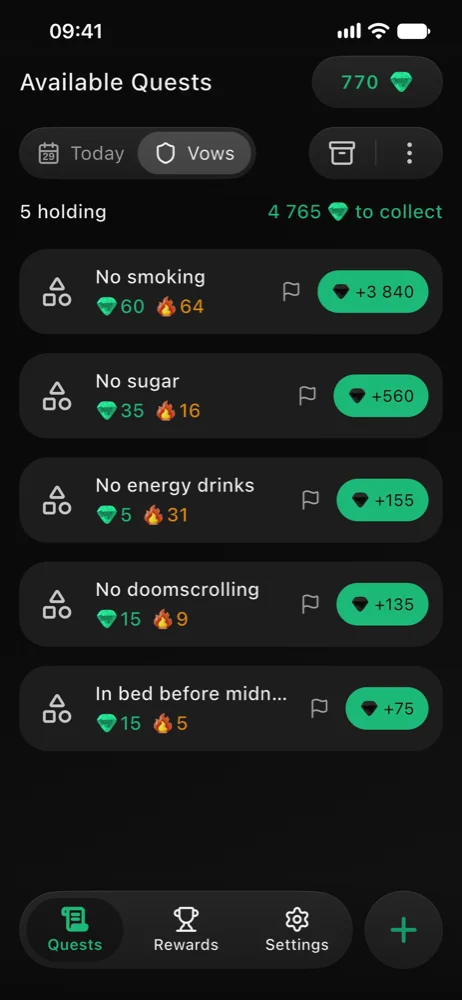 Vows with streak counters: 64 days without smoking, 16 days without sugar